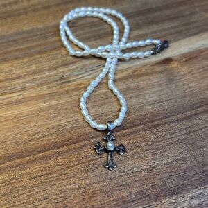 Pearl Bead Necklace with Sterling Cross Pendant
